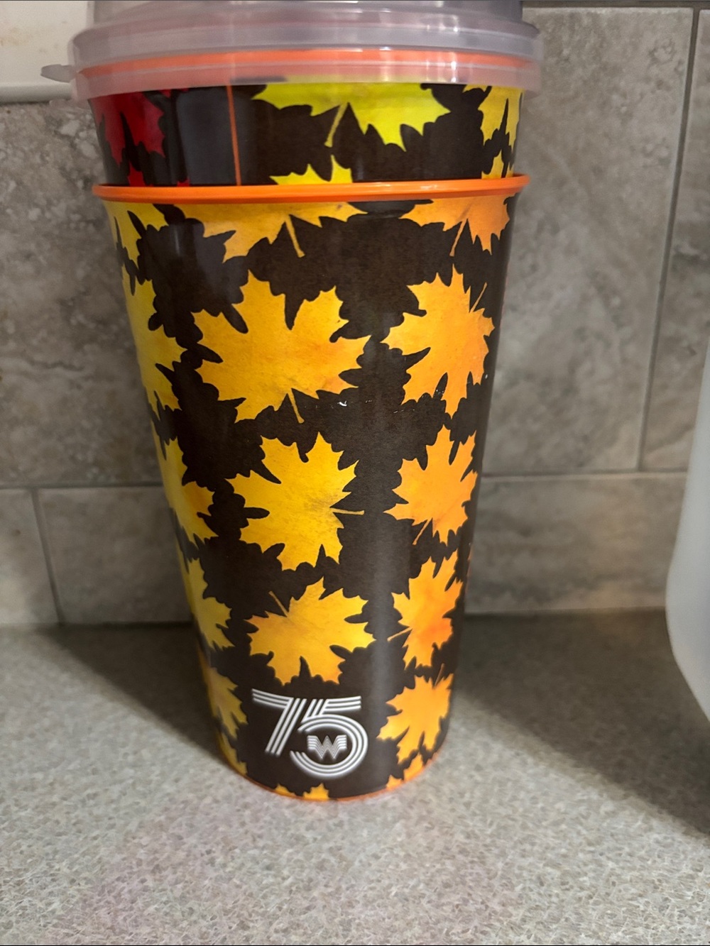 Whataburger Autumn Maple Leaf reusable plastic cups with lids– Orange & Yellow
